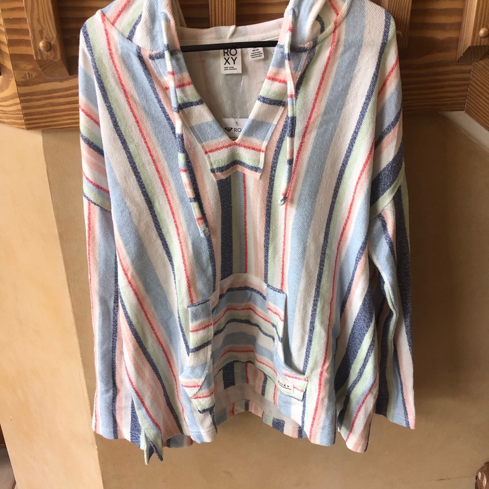 Roxy Boho Pastel Multi-Striped Hooded Pullover Sweatshirt with Pockets